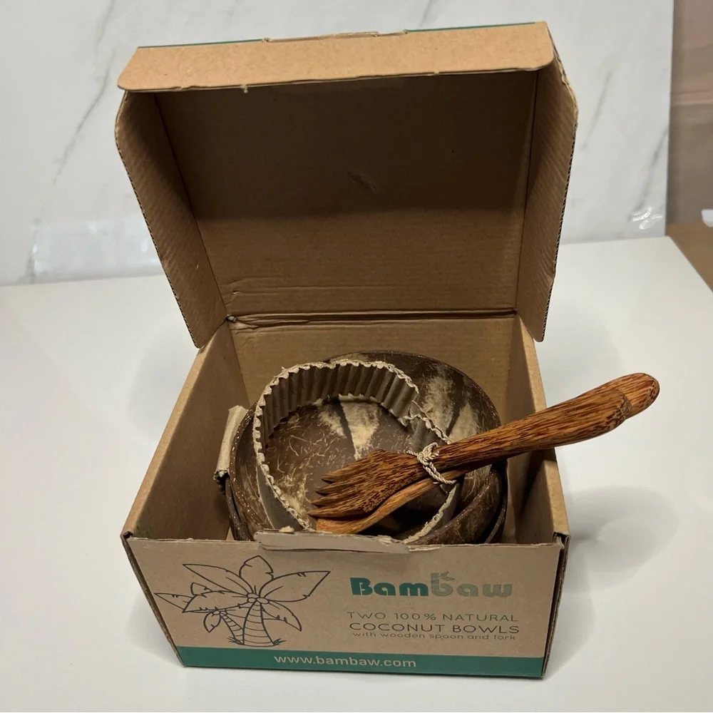 BAMBAW  COCONUT SET WITH WOODEN CUTLERY SET OF TWO WOODEN BOWLS
